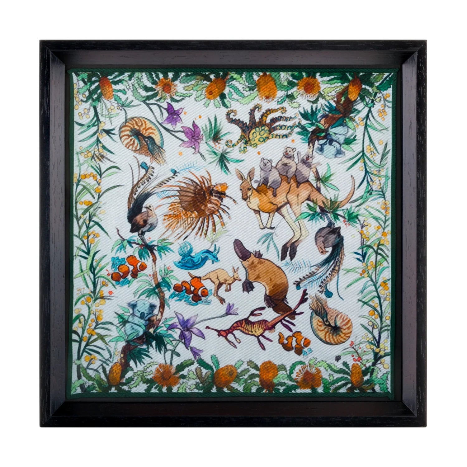 Australian Wildlife Black Framed Silk Scarf