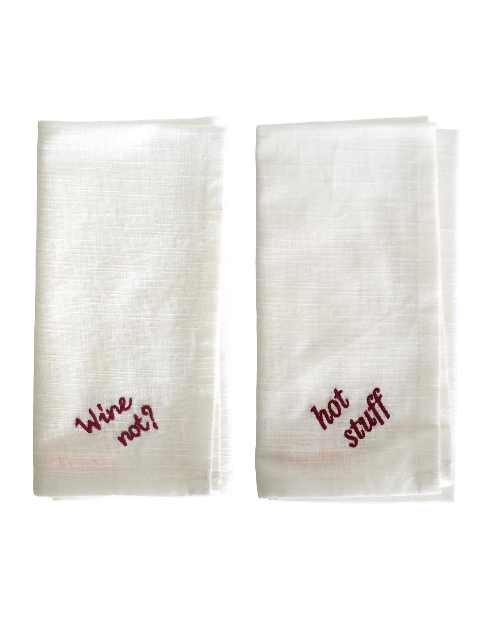 Set of 2 Embroidered Napkins 'hot stuff' and 'wine not?'